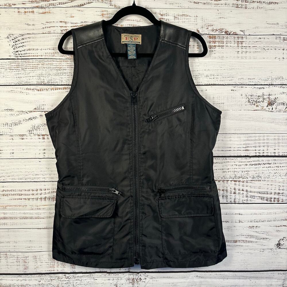 VTG Y2K EXP Express Black Nylon Full Zip Utility Vest Pockets Gorpcore Womens L